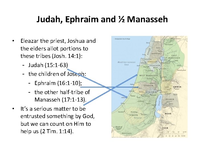 Judah, Ephraim and ½ Manasseh • Eleazar the priest, Joshua and the elders allot