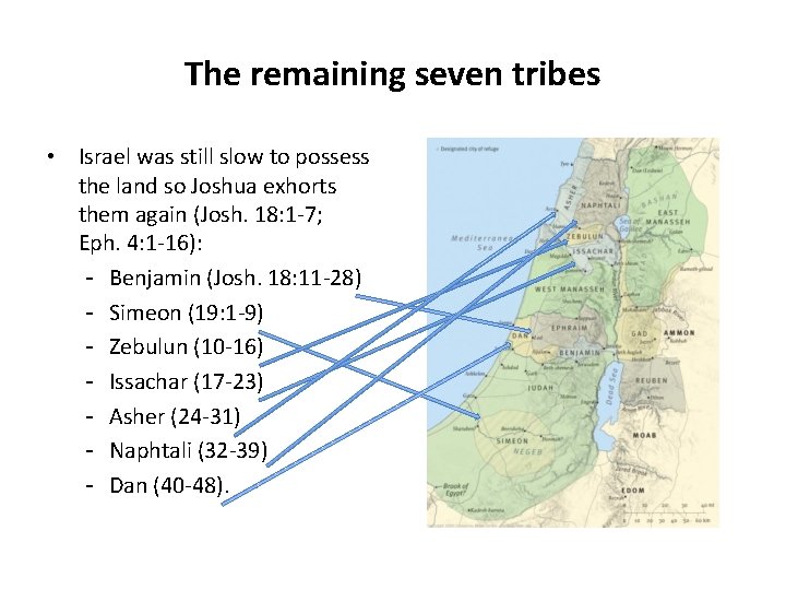 The remaining seven tribes • Israel was still slow to possess the land so