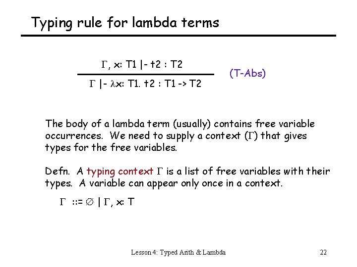 Typing rule for lambda terms , x: T 1 |- t 2 : T