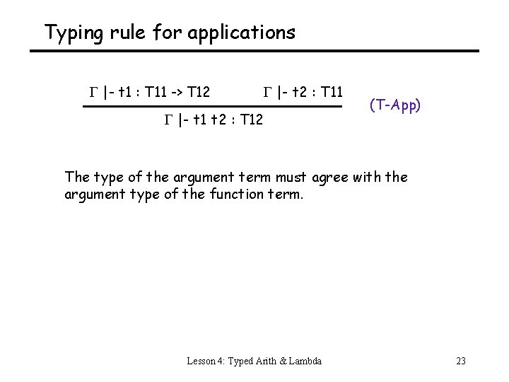 Typing rule for applications |- t 1 : T 11 -> T 12 |-