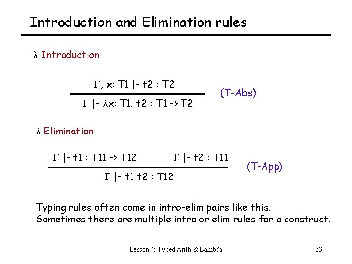 Introduction and Elimination rules Introduction , x: T 1 |- t 2 : T