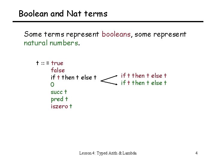 Boolean and Nat terms Some terms represent booleans, some represent natural numbers. t :