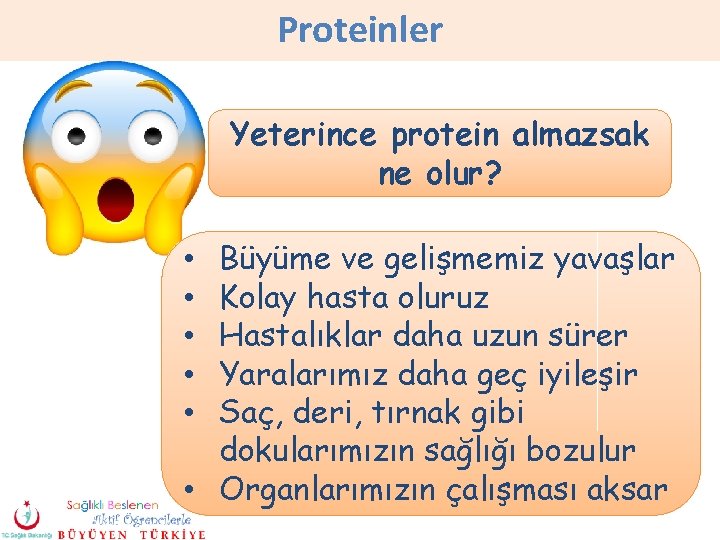 Proteinler Yeterince protein almazsak ne olur? Büyüme ve gelişmemiz yavaşlar Kolay hasta oluruz Hastalıklar