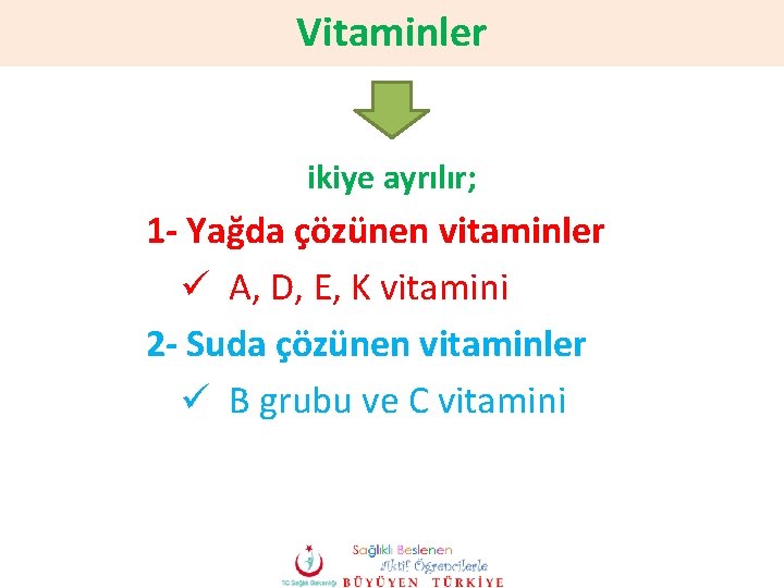 Vitaminler ikiye ayrılır; 1 - Yağda çözünen vitaminler ü A, D, E, K vitamini