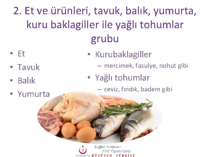 2. Et ve ürünleri, tavuk, balık, yumurta, kuru baklagiller ile yağlı tohumlar grubu •