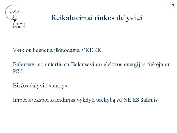 19 Reikalavimai rinkos dalyviui Veiklos licencija išduodama VKEKK Balansavimo sutartis su Balansavimo elektros energijos