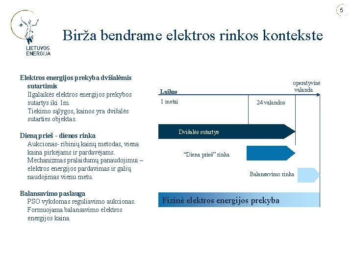 5 Birža bendrame elektros rinkos kontekste Elektros energijos prekyba dvišalėmis sutartimis Ilgalaikės elektros energijos