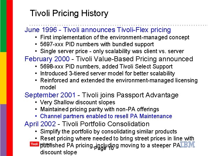 Tivoli Pricing History June 1996 - Tivoli announces Tivoli-Flex pricing • First implementation of