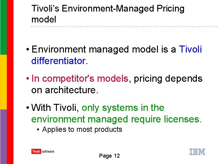 Tivoli’s Environment-Managed Pricing model • Environment managed model is a Tivoli differentiator. • In
