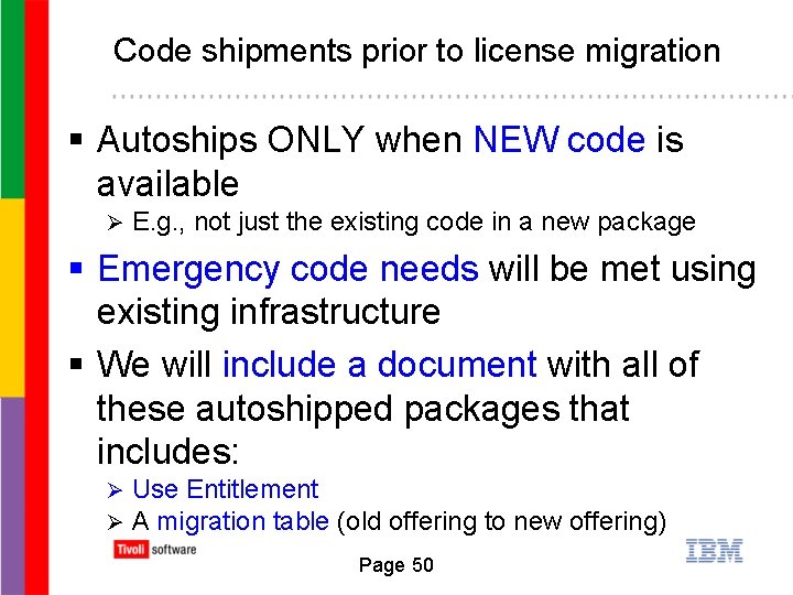 Code shipments prior to license migration § Autoships ONLY when NEW code is available