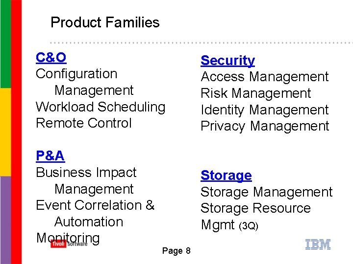 Product Families C&O Configuration Management Workload Scheduling Remote Control Security Access Management Risk Management