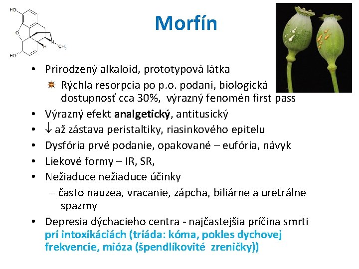 Morfín • Prirodzený alkaloid, prototypová látka Rýchla resorpcia po p. o. podaní, biologická dostupnosť