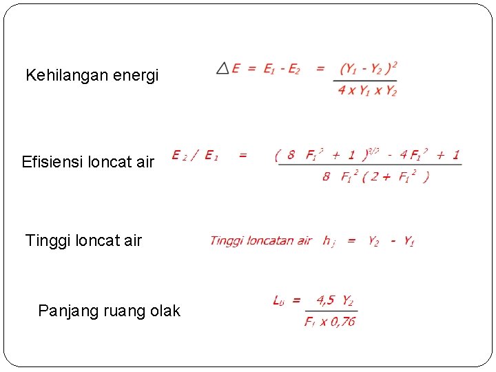 Kehilangan energi Efisiensi loncat air Tinggi loncat air Panjang ruang olak 