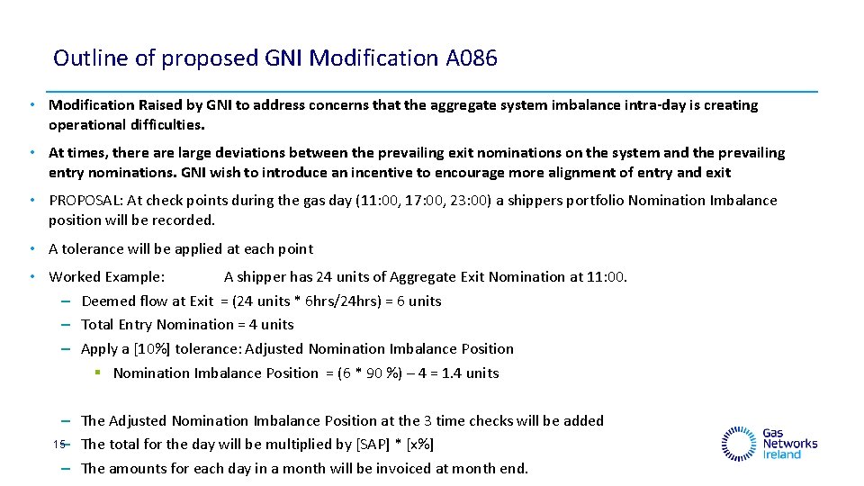 Outline of proposed GNI Modification A 086 • Modification Raised by GNI to address