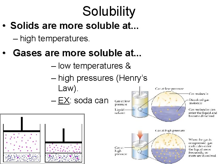 Solubility • Solids are more soluble at. . . – high temperatures. • Gases