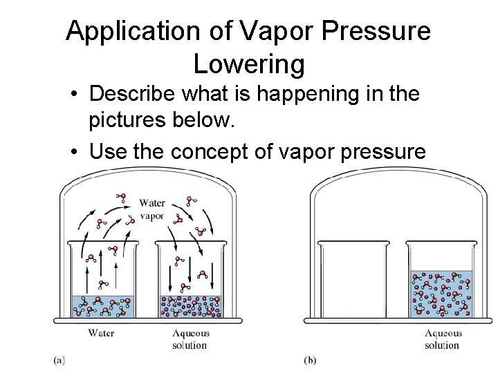Application of Vapor Pressure Lowering • Describe what is happening in the pictures below.