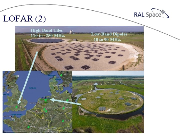 LOFAR (2) High-Band Tiles 110 to ~250 MHz. Low-Band Dipoles ~10 to 90 MHz.
