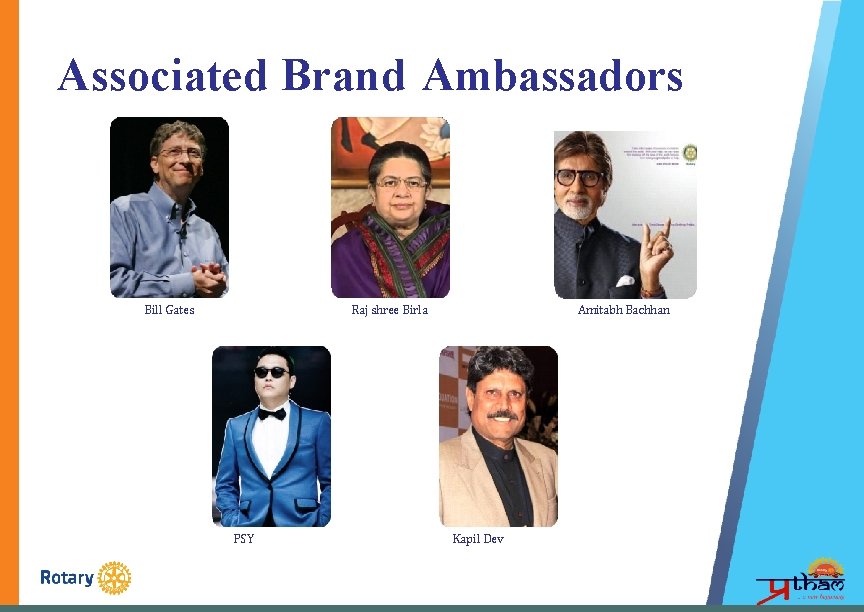 Associated Brand Ambassadors Raj shree Birla Bill Gates PSY Amitabh Bachhan Kapil Dev 