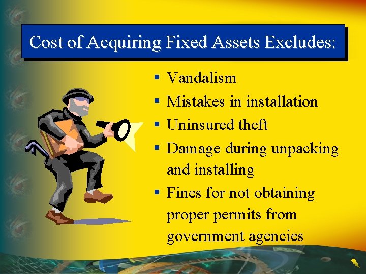 Cost of Acquiring Fixed Assets Excludes: § § Vandalism Mistakes in installation Uninsured theft