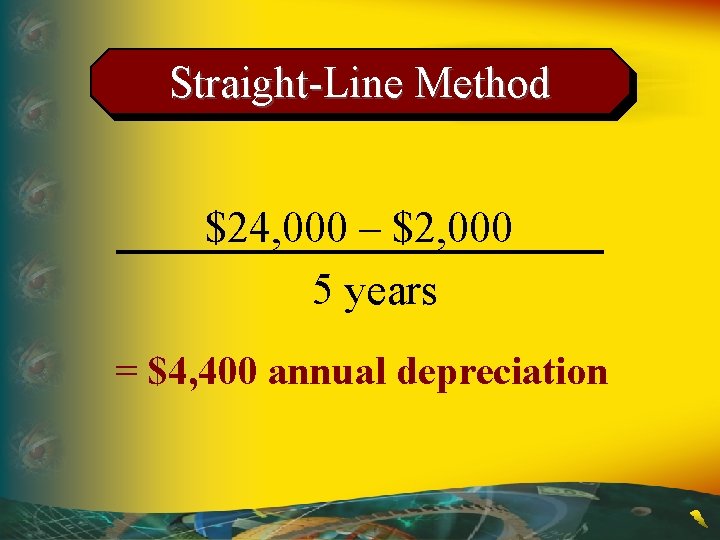 Straight-Line Method $24, 000 – $2, 000 5 years = $4, 400 annual depreciation