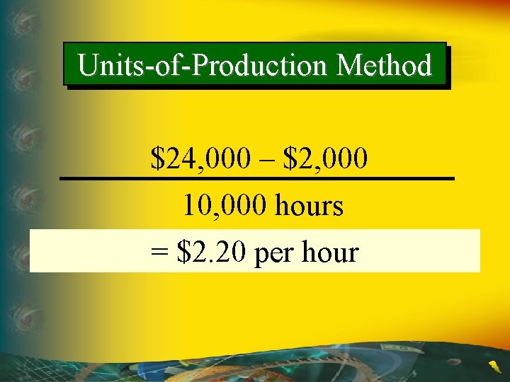 Units-of-Production Method $24, 000 – $2, 000 10, 000 hours = Depreciation = $2.