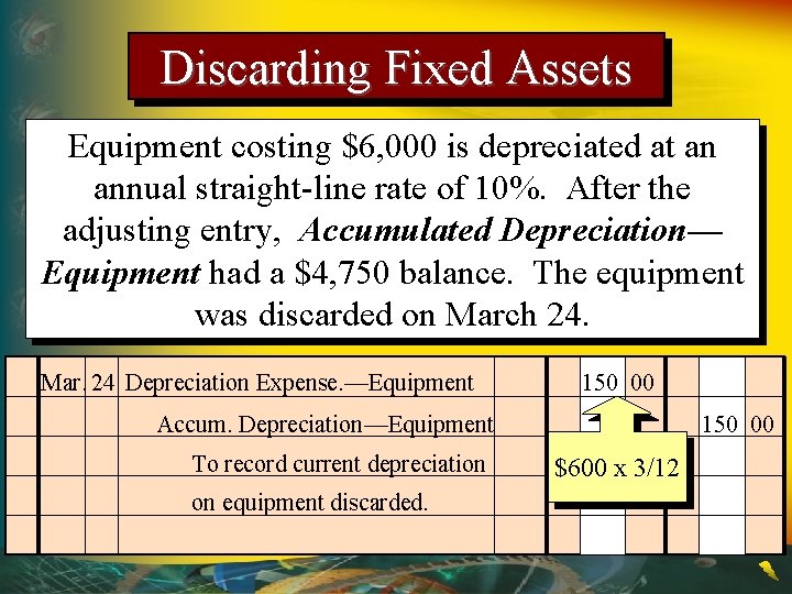 Discarding Fixed Assets Equipment costing $6, 000 is depreciated at an annual straight-line rate