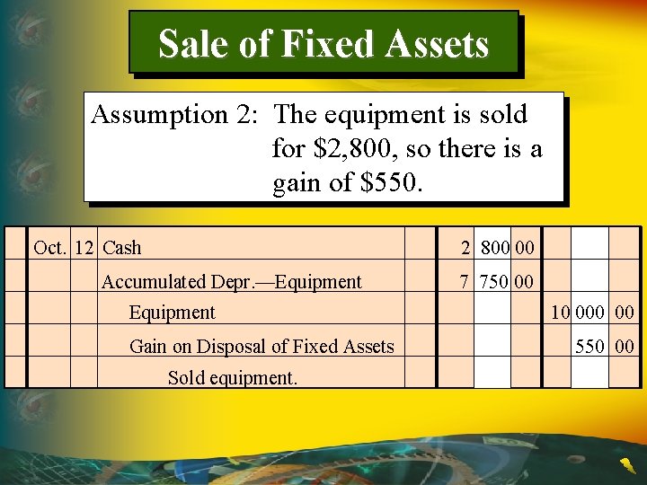 Sale of Fixed Assets Assumption 2: The equipment is sold for $2, 800, so