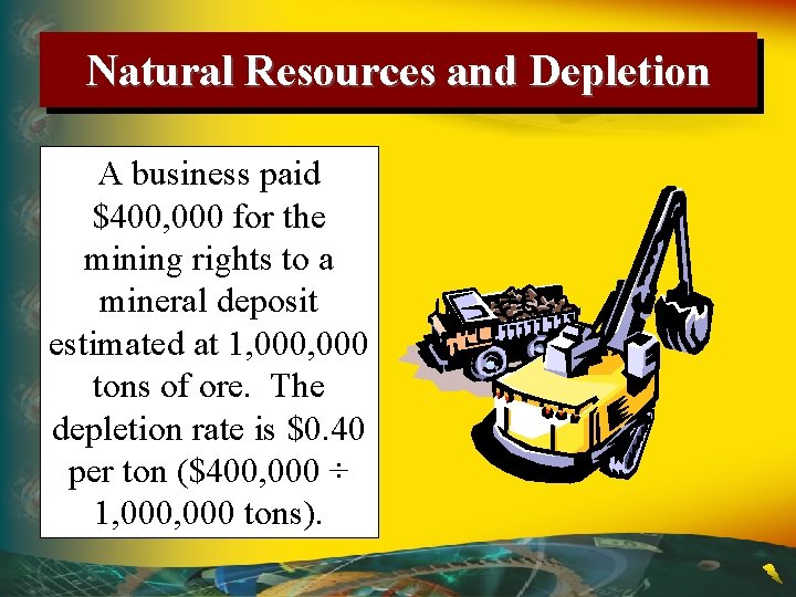 Natural Resources and Depletion A business paid $400, 000 for the mining rights to