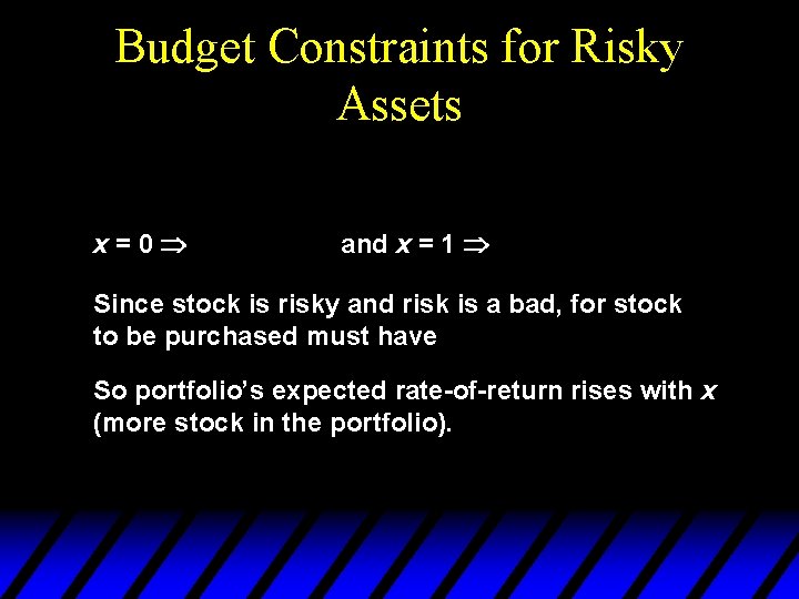 Budget Constraints for Risky Assets x=0 and x = 1 Since stock is risky