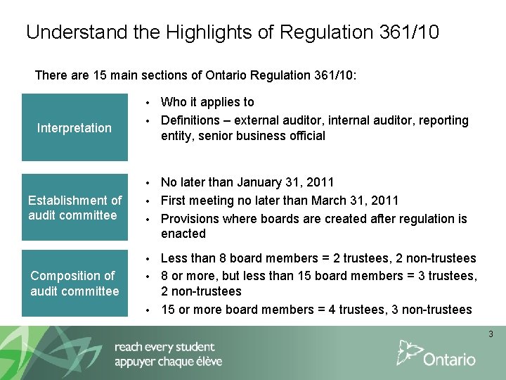 Understand the Highlights of Regulation 361/10 There are 15 main sections of Ontario Regulation