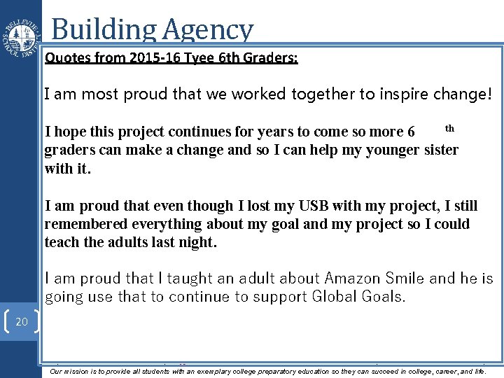 Building Agency Quotes from 2015 -16 Tyee 6 th Graders: • Kindergarteners see themselves