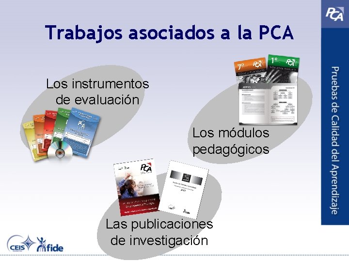 Trabajos asociados a la PCA Los instrumentos de evaluación Los módulos pedagógicos Las publicaciones