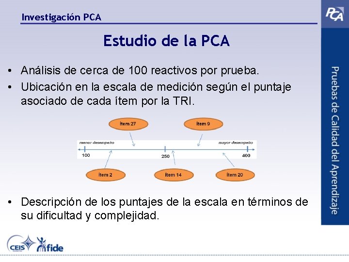 Investigación PCA Estudio de la PCA • Análisis de cerca de 100 reactivos por