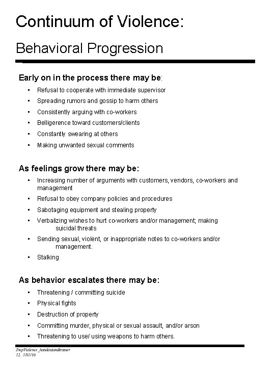 Continuum of Violence: Behavioral Progression Early on in the process there may be: •