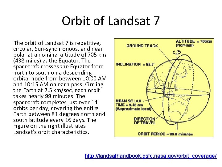 Orbit of Landsat 7 The orbit of Landsat 7 is repetitive, circular, Sun-synchronous, and