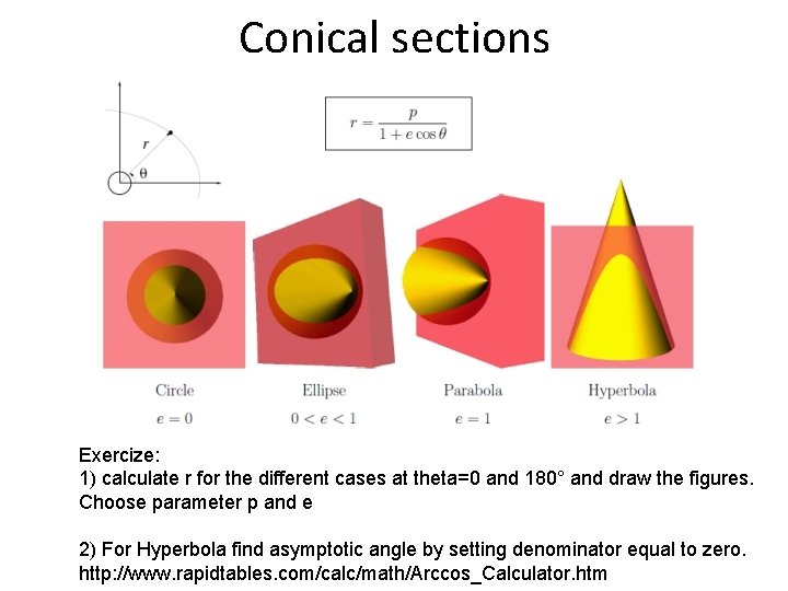 Conical sections Exercize: 1) calculate r for the different cases at theta=0 and 180°