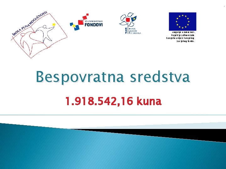 . Ulaganje u budućnost. Projekt je sufinancirala Europska unija iz Europskog Socijalnog fonda. Bespovratna