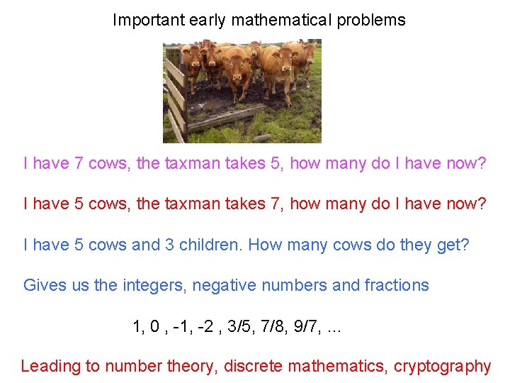 Important early mathematical problems I have 7 cows, the taxman takes 5, how many
