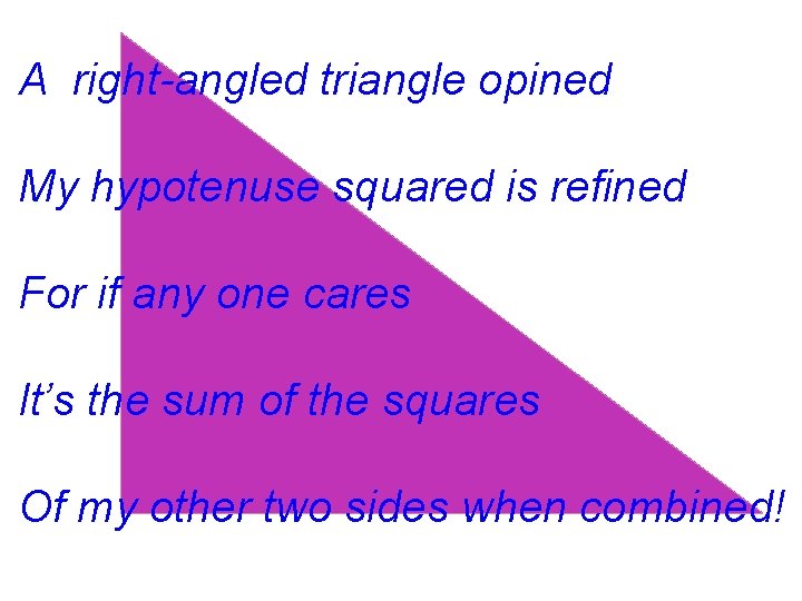 A right-angled triangle opined My hypotenuse squared is refined For if any one cares