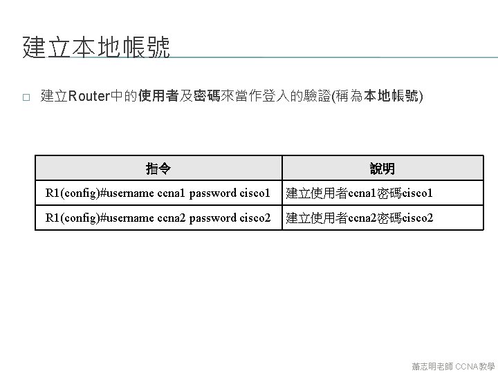 建立本地帳號 � 建立Router中的使用者及密碼來當作登入的驗證(稱為本地帳號) 指令 說明 R 1(config)#username ccna 1 password cisco 1 建立使用者ccna 1密碼cisco