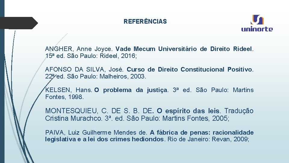 REFERÊNCIAS ANGHER, Anne Joyce. Vade Mecum Universitário de Direito Rideel. 15ª ed. São Paulo: