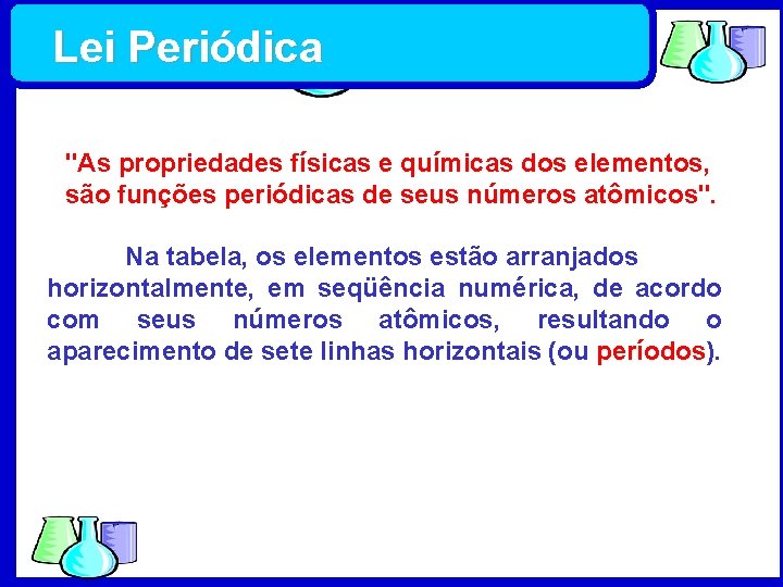  Lei Periódica "As propriedades físicas e químicas dos elementos, são funções periódicas de