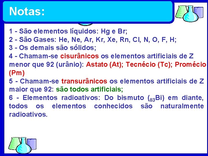 Notas: 1 - São elementos líquidos: Hg e Br; 2 - São Gases: He,
