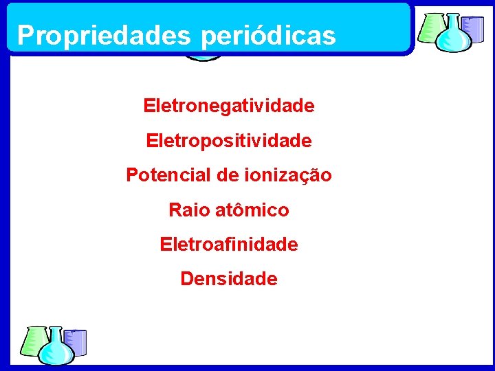 Propriedades periódicas Eletronegatividade Eletropositividade Potencial de ionização Raio atômico Eletroafinidade Densidade Química 