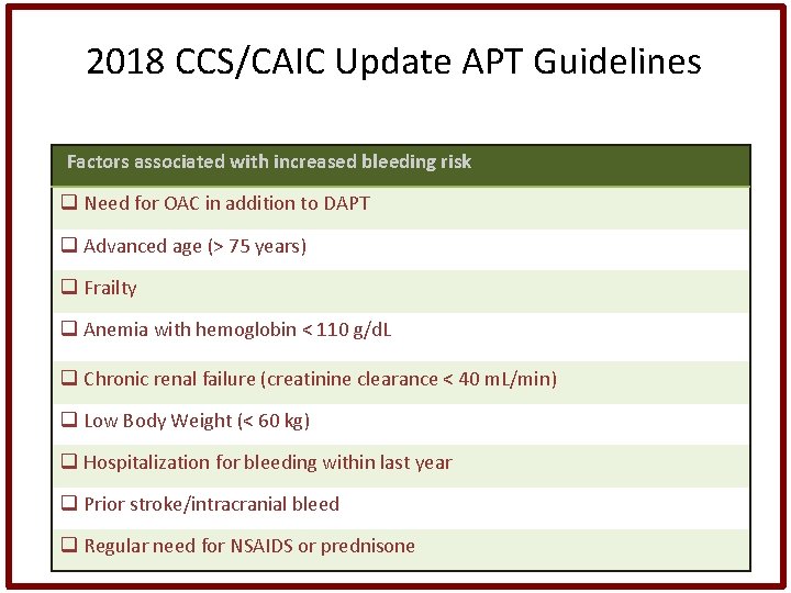 2018 CCS/CAIC Update APT Guidelines Factors associated with increased bleeding risk q Need for