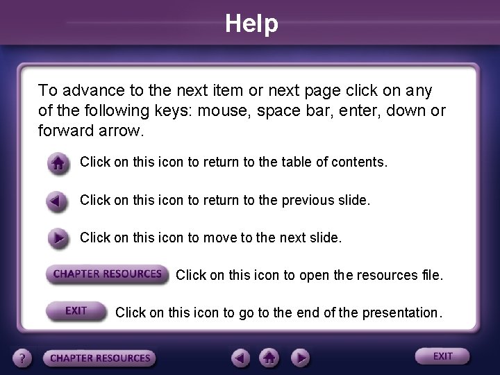 Help To advance to the next item or next page click on any of