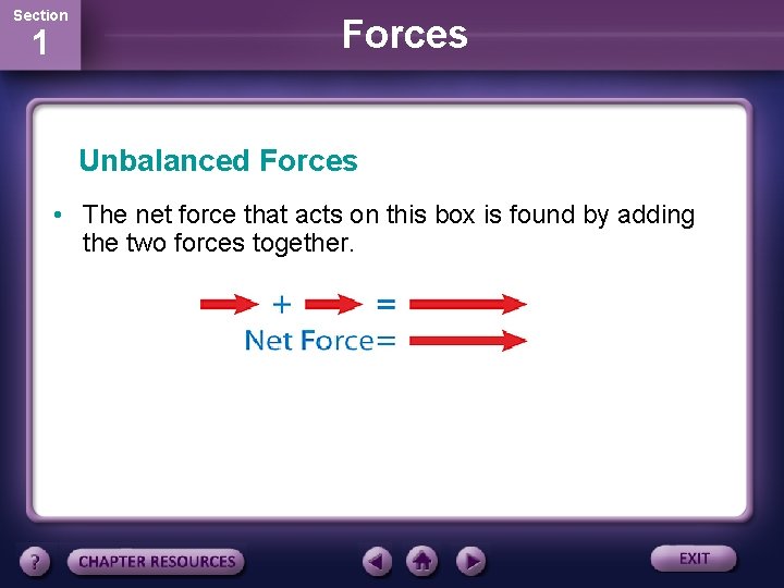 Section 1 Forces Unbalanced Forces • The net force that acts on this box