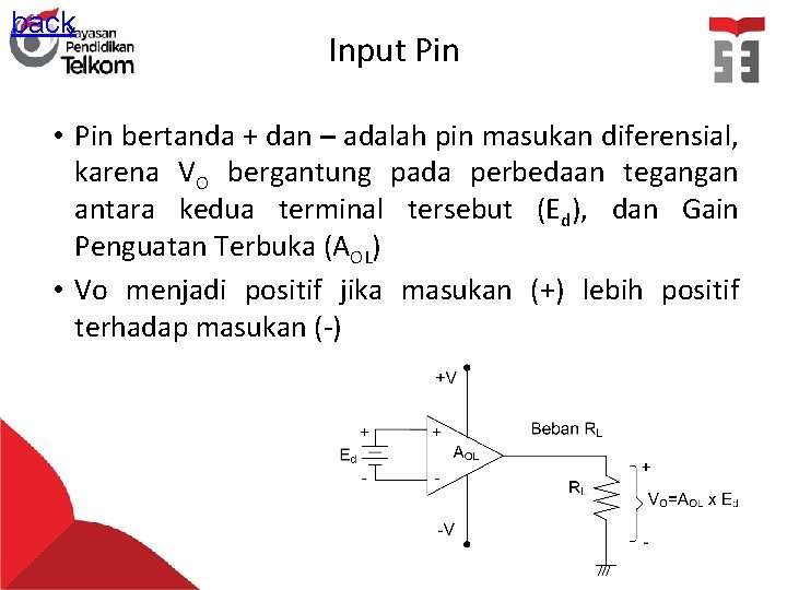 back Input Pin • Pin bertanda + dan – adalah pin masukan diferensial, karena