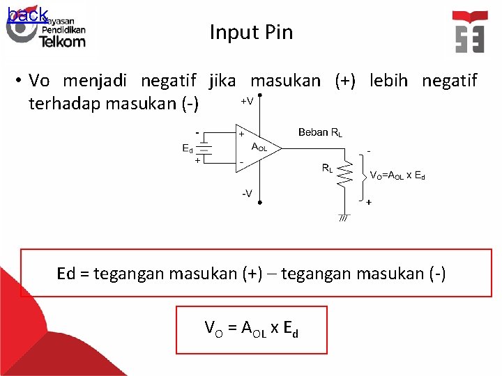 back Input Pin • Vo menjadi negatif jika masukan (+) lebih negatif terhadap masukan