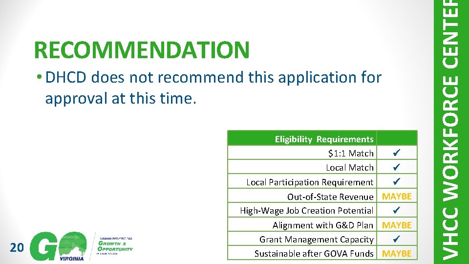  • DHCD does not recommend this application for approval at this time. Eligibility
